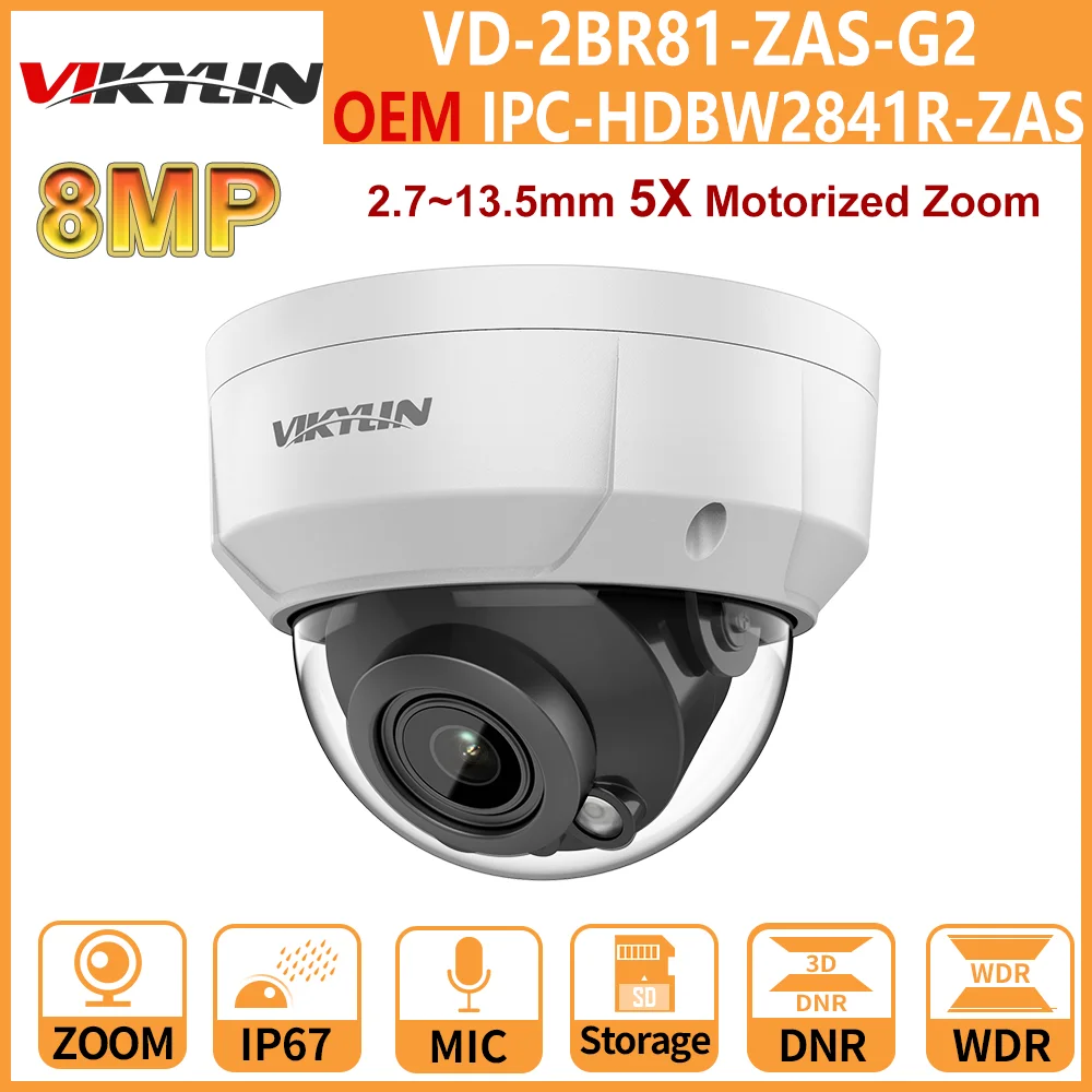 

Vikylin Dahua IP Camera 8MP 4K POE IR 40M 5X Motorized Zoom Dome Security Camera OEM From HDBW2841R-ZAS Built in MIC 2-Way Audio