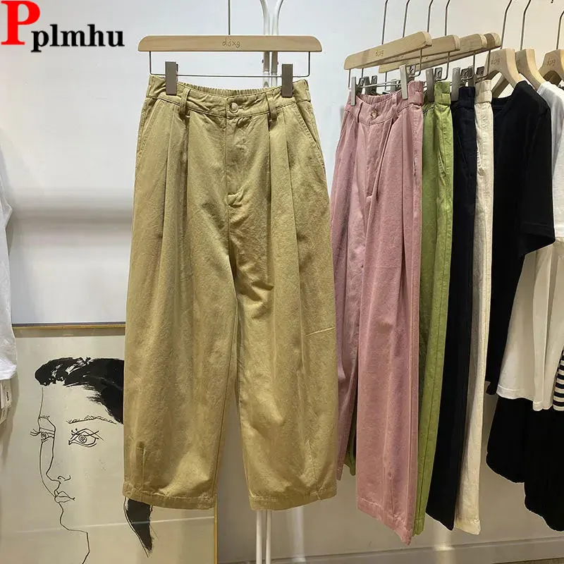 

Oversize Casual Cotton Wide Leg Pants Ankle Length Elastic Waist Harem Baggy Pantalones Summer Vintage Straight Spodnie Women