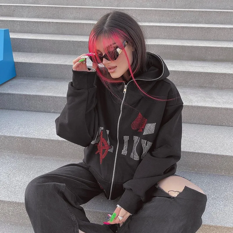 Y2k Women Zip Up Hoodie Streetwear Skull Printed Long Sleeve Sweatshirts Gothic Punk Rhinestones Winter Female Hoodie Jackets
Y2k Women Zip Up Hoodie Streetwear Skull Printed Long Sleeve Sweatshirts Gothic Punk Rhinestones Winter Female Hoodie Jackets