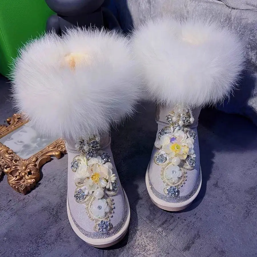 Fluffy Real Fur Women Genuine Leather Snow Boots Rhinestone Luxury Flower Beaded Mid-Calf Long Booties Warm Casual Shoes Winter
Fluffy Real Fur Women Genuine Leather Snow Boots Rhinestone Luxury Flower Beaded Mid-Calf Long Booties Warm Casual Shoes Winter