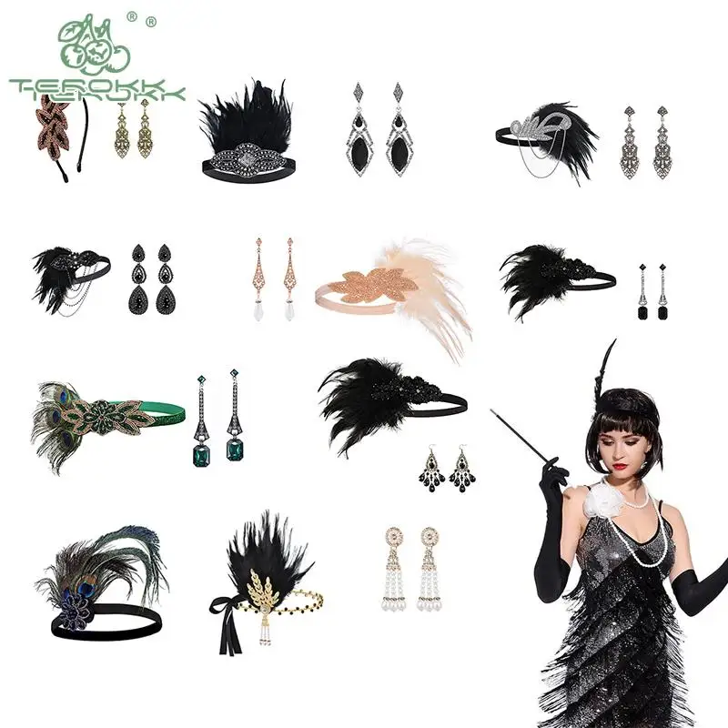 

1Set 1920's Flapper Cosplay Costume Feather Headband Pearl Necklace Bracelet Stockings Long Glove Gatsby Masquerade Accessories