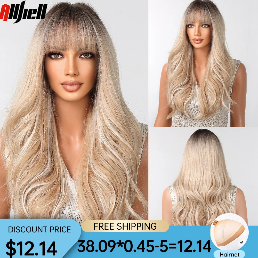 

Blonde Ombre Long Synthetic Wig for Women Platinum Highlight Body Wavy Wigs with Bangs Cosplay Daily Natural Hair Heat Resistant