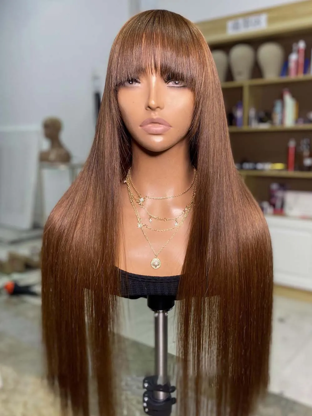 

Silky Straight Brown Long 180Density 26“ Soft Glueless Machine Wig with Bangs For Black Women BabyHair Preplucked Heat Resistant