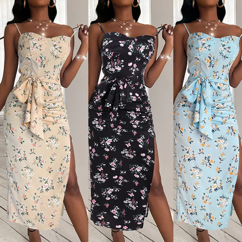

Summer New Women's Temperament Slim Long Dress Printed Slit Suspender Dresses Casual Commuting Clothing Female & Lady