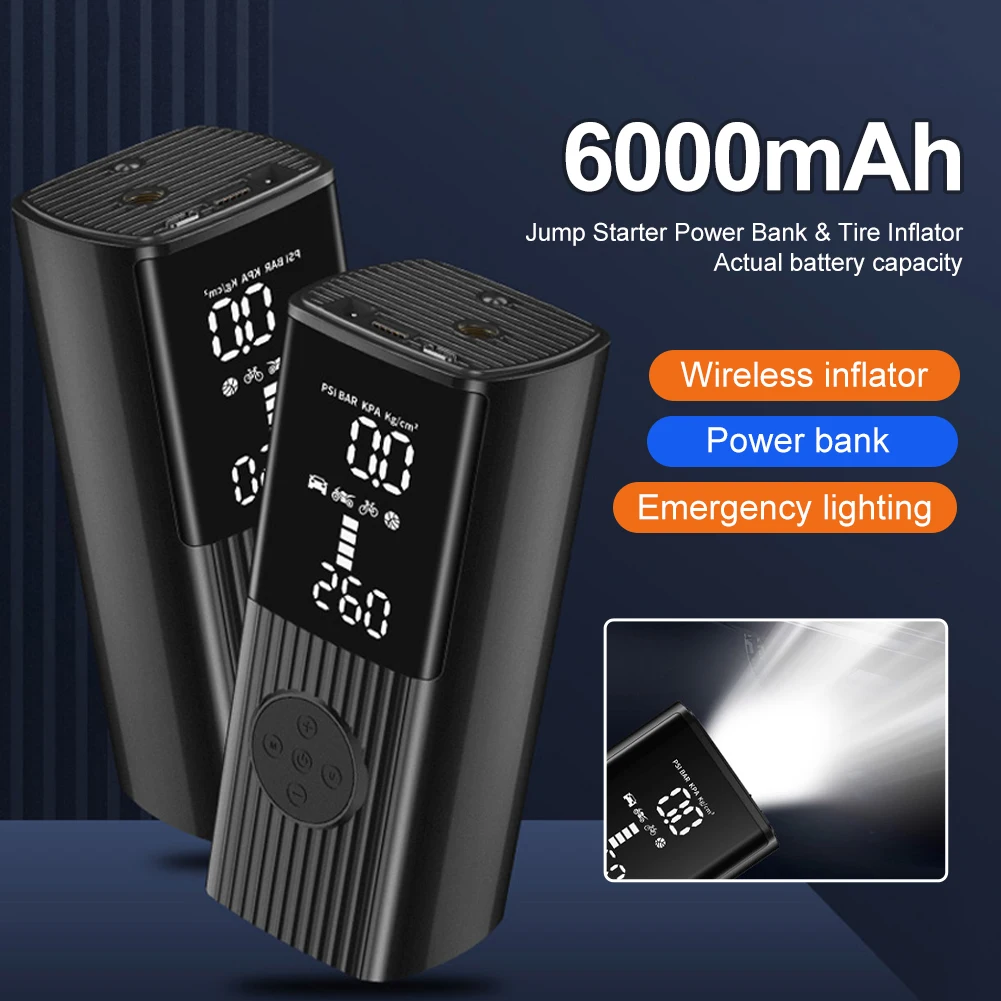 6000mAh Portable Air Compressor Pump with LCD Display LED Power Bank Cordless Car Tire Inflator for Car Bicycle Motorcycle Ball
6000mAh Portable Air Compressor Pump with LCD Display LED Power Bank Cordless Car Tire Inflator for Car Bicycle Motorcycle Ball