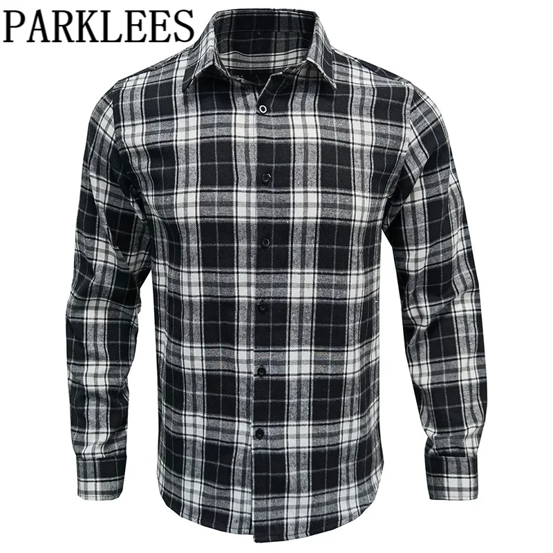 

Classic Black White Plaid Flannel Shirts Men Autumn Winter Warm Long Sleeve Shirts Stylish Casual Outdoor Daily Chemise Hombre
