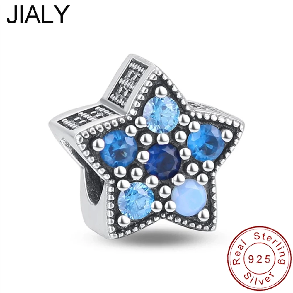 

European 100% S925 Sterling Silver Blue Shining Pentagram AAA CZ DIY Charm For Original Women Bracelet Necklace Chain Jewelry