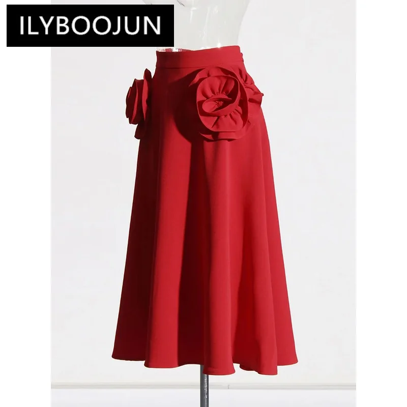 

ILYBOOJUN Solid Patchwork Appliques Elegant Skirts For Women High Waist Spliced Folds Temperament Long Skirt Female Fashion