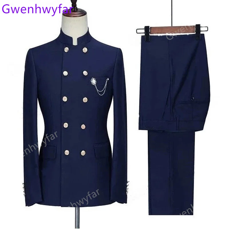 Gwenhwyfar Terno Social Masculino Wedding Suits for Men Stand Collar Double Breasted Slim Fit Blue 2 Pieces Tuxedo Suit for Men
Gwenhwyfar Terno Social Masculino Wedding Suits for Men Stand Collar Double Breasted Slim Fit Blue 2 Pieces Tuxedo Suit for Men