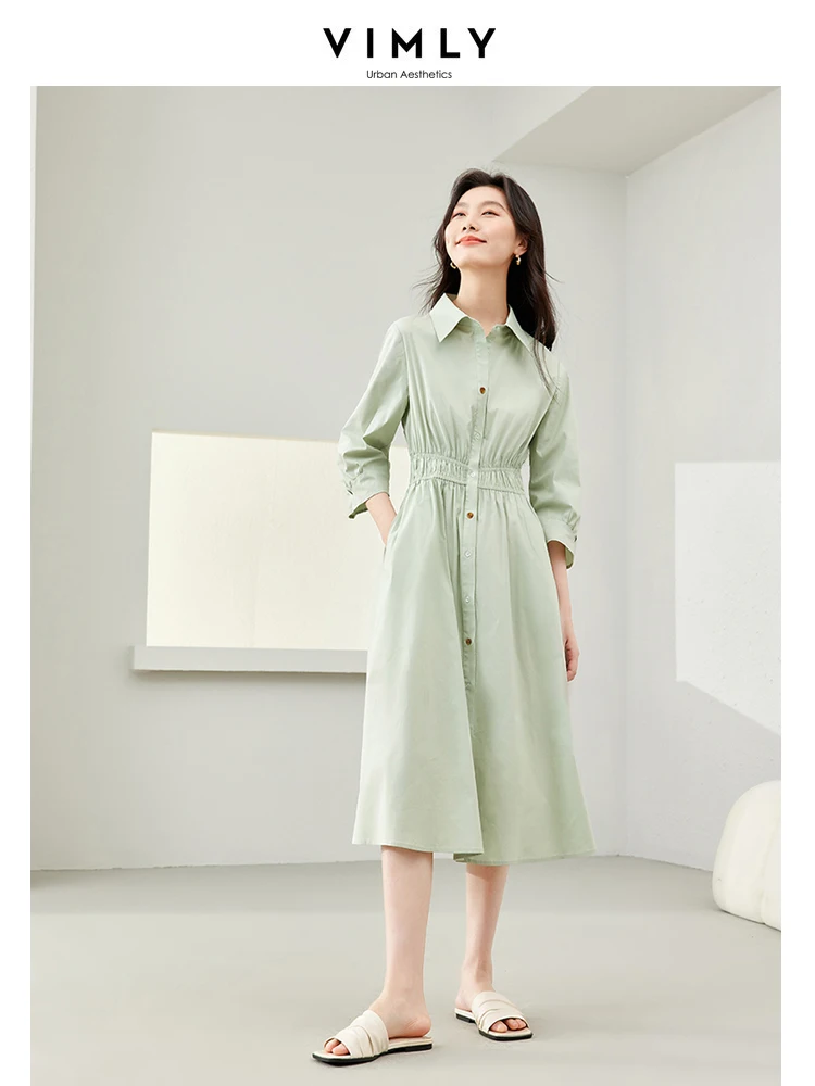 

Vimly Polo Collar Cotton Shirt Dress Women Spring Elegant Light Green 2024 Button Up A-line Midi Dresses Womans Clothing 30113