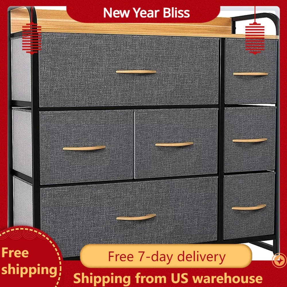 Комод с 7 ящиками, тканевая башня для хранения, деревянная Верхняя полка, современный органайзер, домашняя организация и хранение, темно-серая коробка для хранения