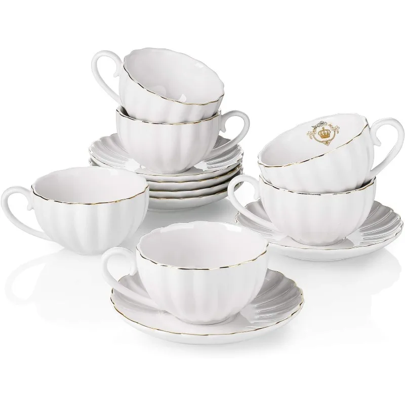 

Royal Tea Cups and Saucers, with Gold Trim and Gift Box, British Coffee Cups, Porcelain Tea SetSet of 6