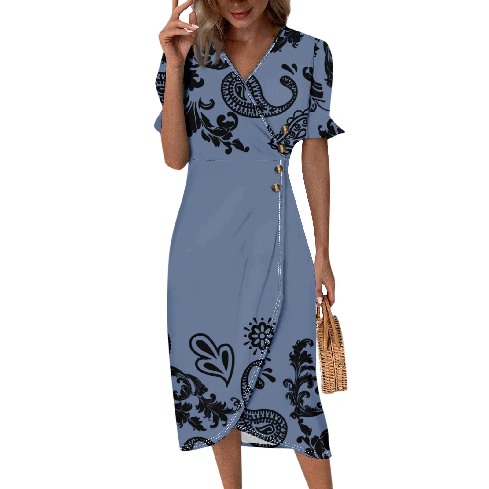 

Beach Dresses For Women Spring Summer Elegant Wrap V Neck Floral Boho Dress Flowy Ruched Hawaiian Maxi Dress
