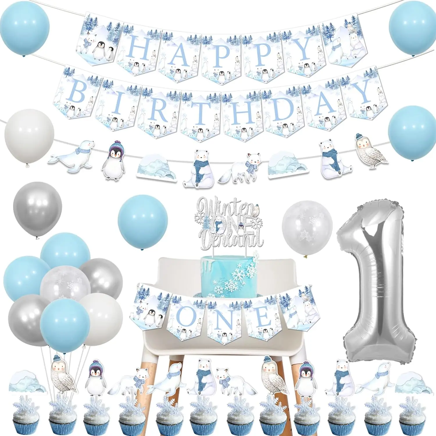 

Winter Onederland 1st Birthday Decor Arctic Polar Animal Decor Banner Garland Cupcake Toppers Balloons for Kids 1st Birthday