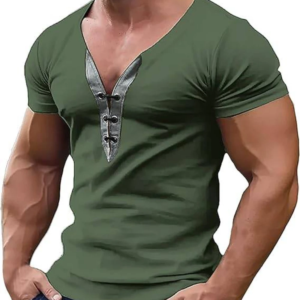 

2024 New Summer Casual Men's V-neck Street Vacation Short Sleeve Fashion Designer Basic Henry Shirt Shirts for Men Clothing