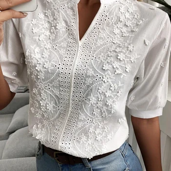 Summer Floral Embroidery Lace Blouse Women Hollow-out Stand Collar V Neck Casual Shirt Elegant Short Sleeve Cotton Tops 24350