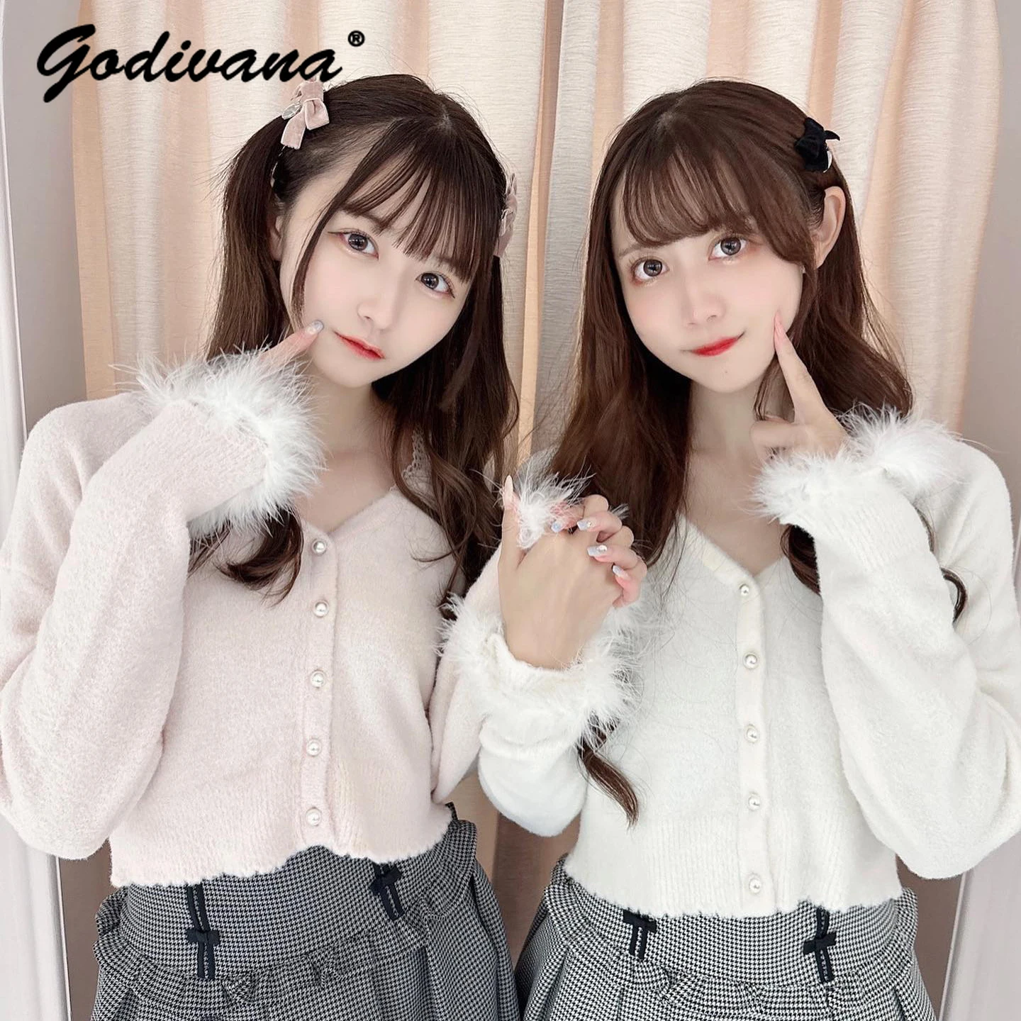 

Japanese Style Autumn and Winter Mine Mass-Produced Girl Fur Cuff Pink Sweater Sweet V-neck Short Knitted Cardigan Coat