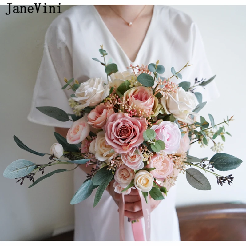 

Винтажные пыльные розовые цветы jaevini, свадебные букеты, искусственный эвкалипт, шелковые розы в стиле бохо, Искусственный Свадебный букет, аксессуары