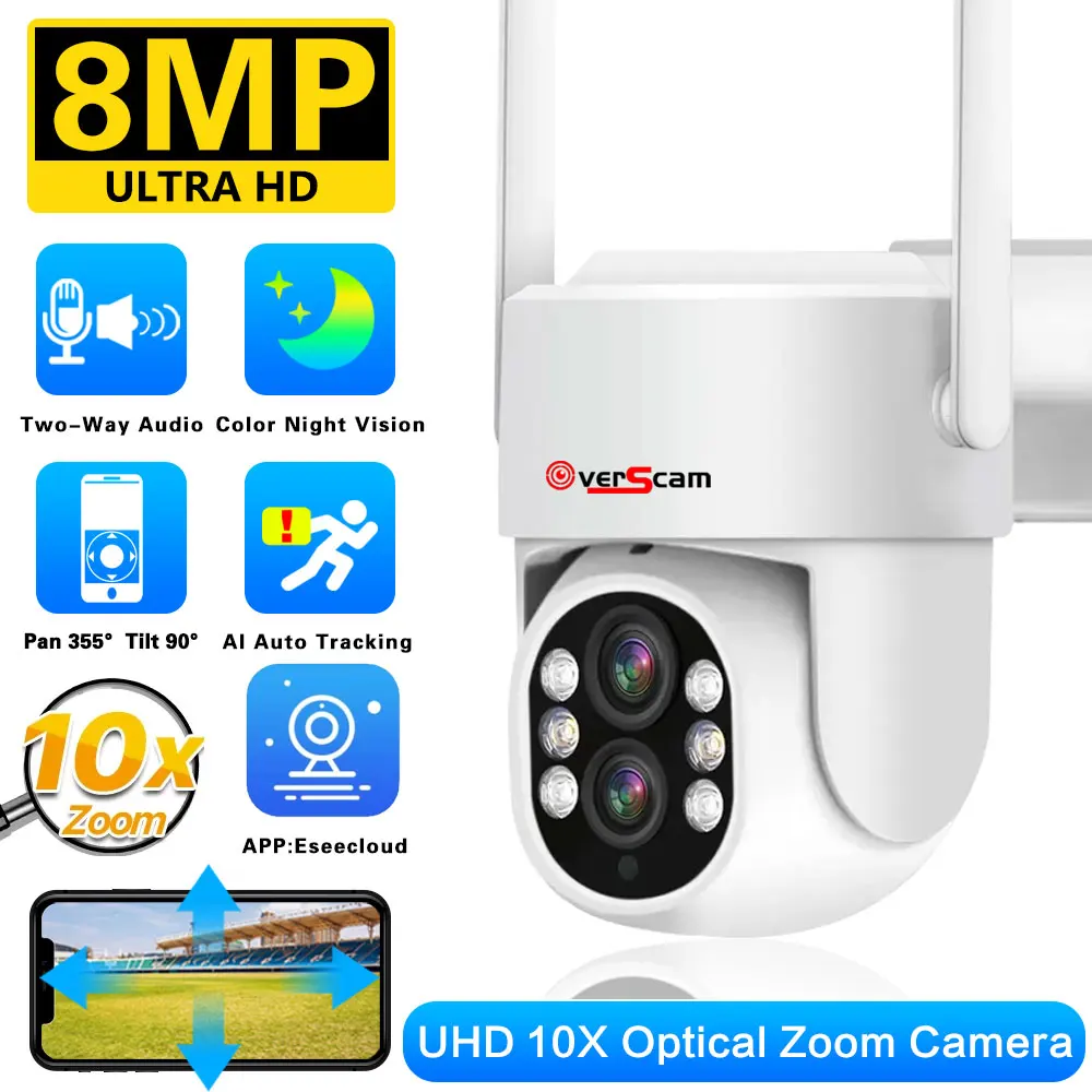 

4K HD Dual Lens IP Camera 8MP 4MP 10X Zoom POE PTZ Camera Dual Screen AI Auto Tracking Security Camera CCTV Surveillance WiFi