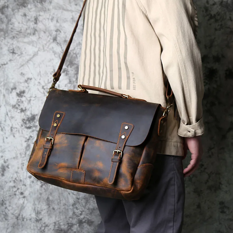 

AETOO Retro leather men's handbag first layer cowhide horizontal briefcase crazy horse leather casual shoulder messenger compu