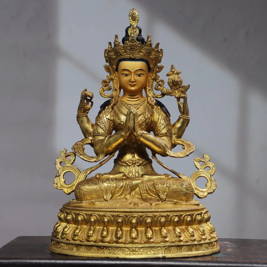 12"Tibetan Temple Collection Old Bronze Gilding Cinnabar Painted Four Arm Guanyin Lotus Platform Sitting Buddha Worship Hall
12"Tibetan Temple Collection Old Bronze Gilding Cinnabar Painted Four Arm Guanyin Lotus Platform Sitting Buddha Worship Hall