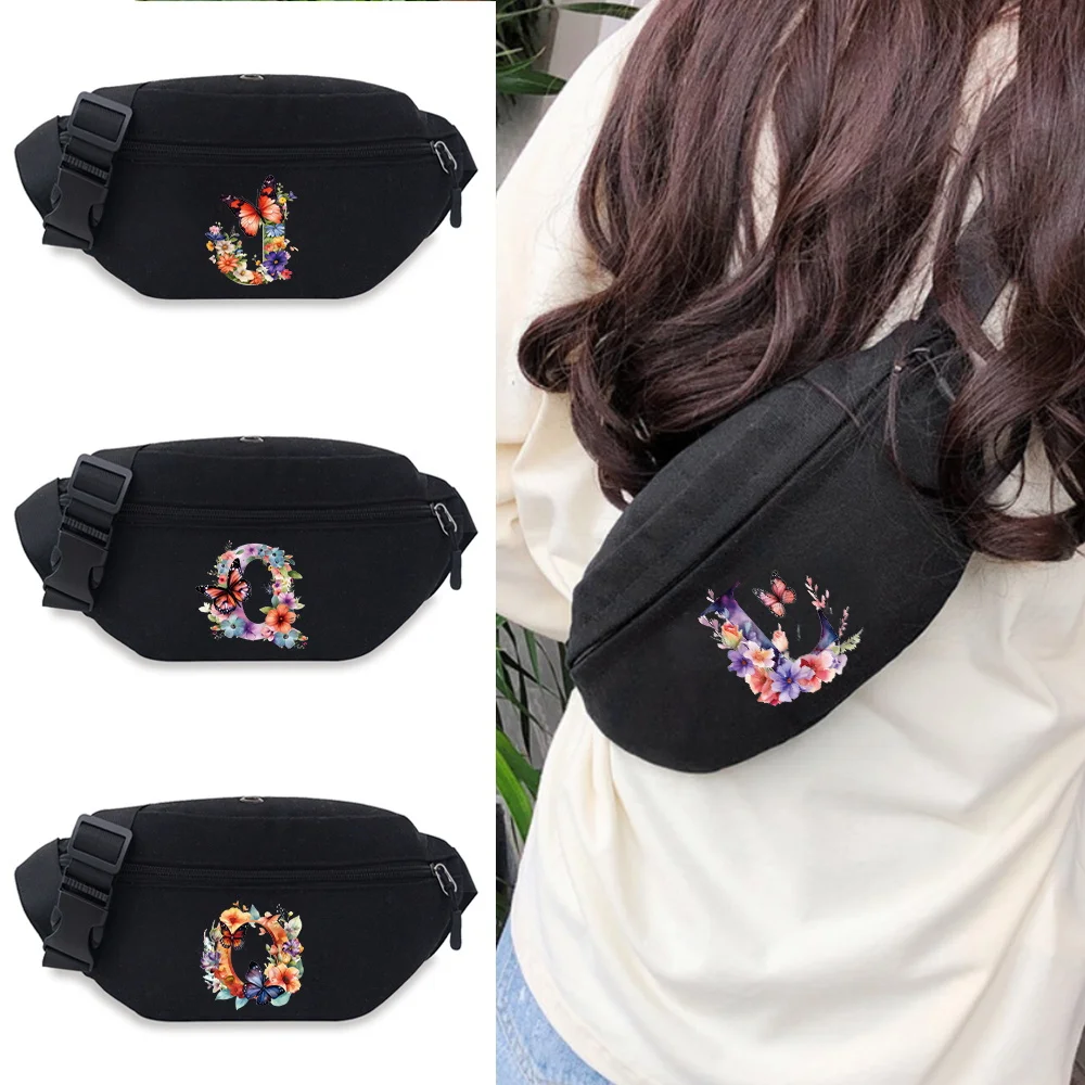 

New Multi-functional Outdoor Waist Butterfly Letter Print Waist Packs Belt with Zipper Phone Canvas Travel Shoulder Waist Packs