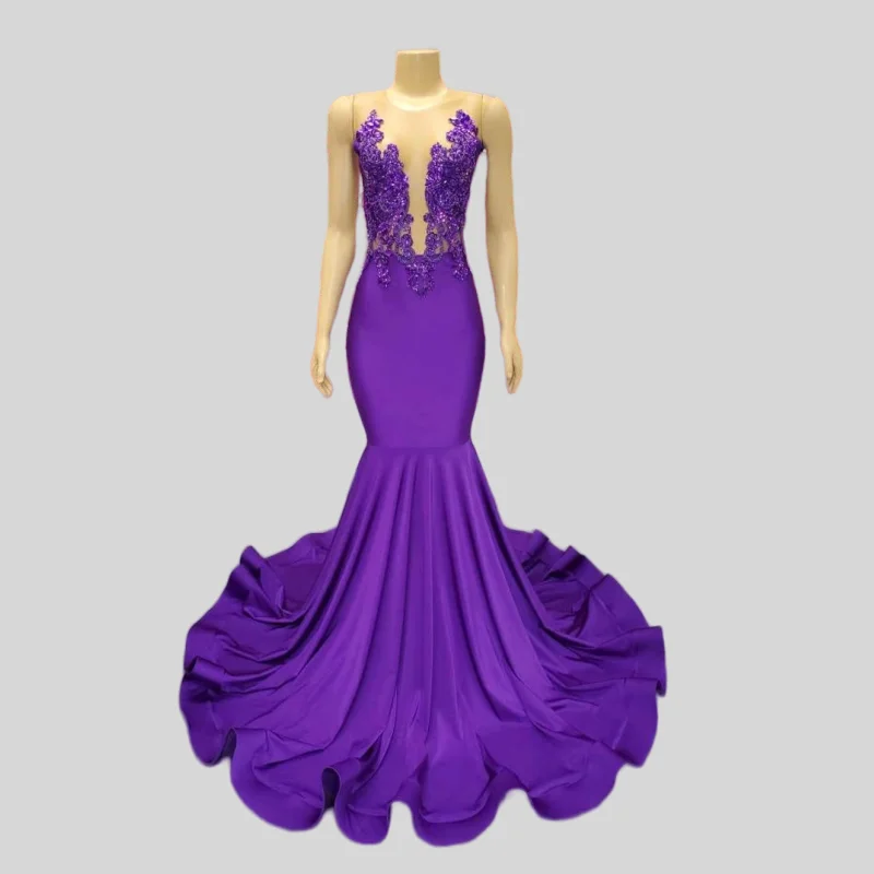 Purple African American Prom Dresses Mermaid Sheer Appliques Beaded Black Girls Nigeria Robe De Soiree Evening Dress Gown 
Purple African American Prom Dresses Mermaid Sheer Appliques Beaded Black Girls Nigeria Robe De Soiree Evening Dress Gown
