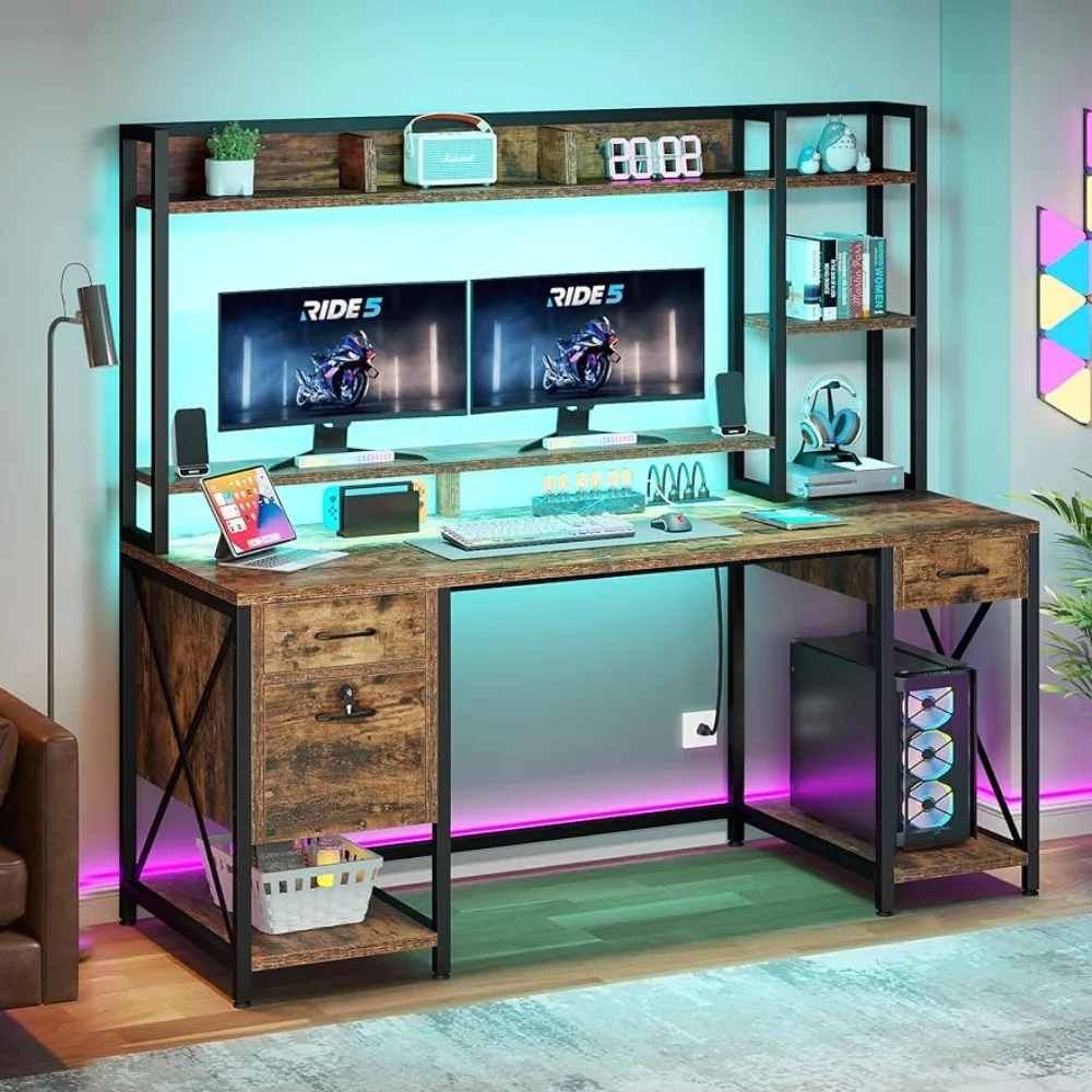 Computer desk with drawers and cabin, 59.1" desk with LED lights and power outlets, gaming desk with monitor stand
Computer desk with drawers and cabin, 59.1" desk with LED lights and power outlets, gaming desk with monitor stand