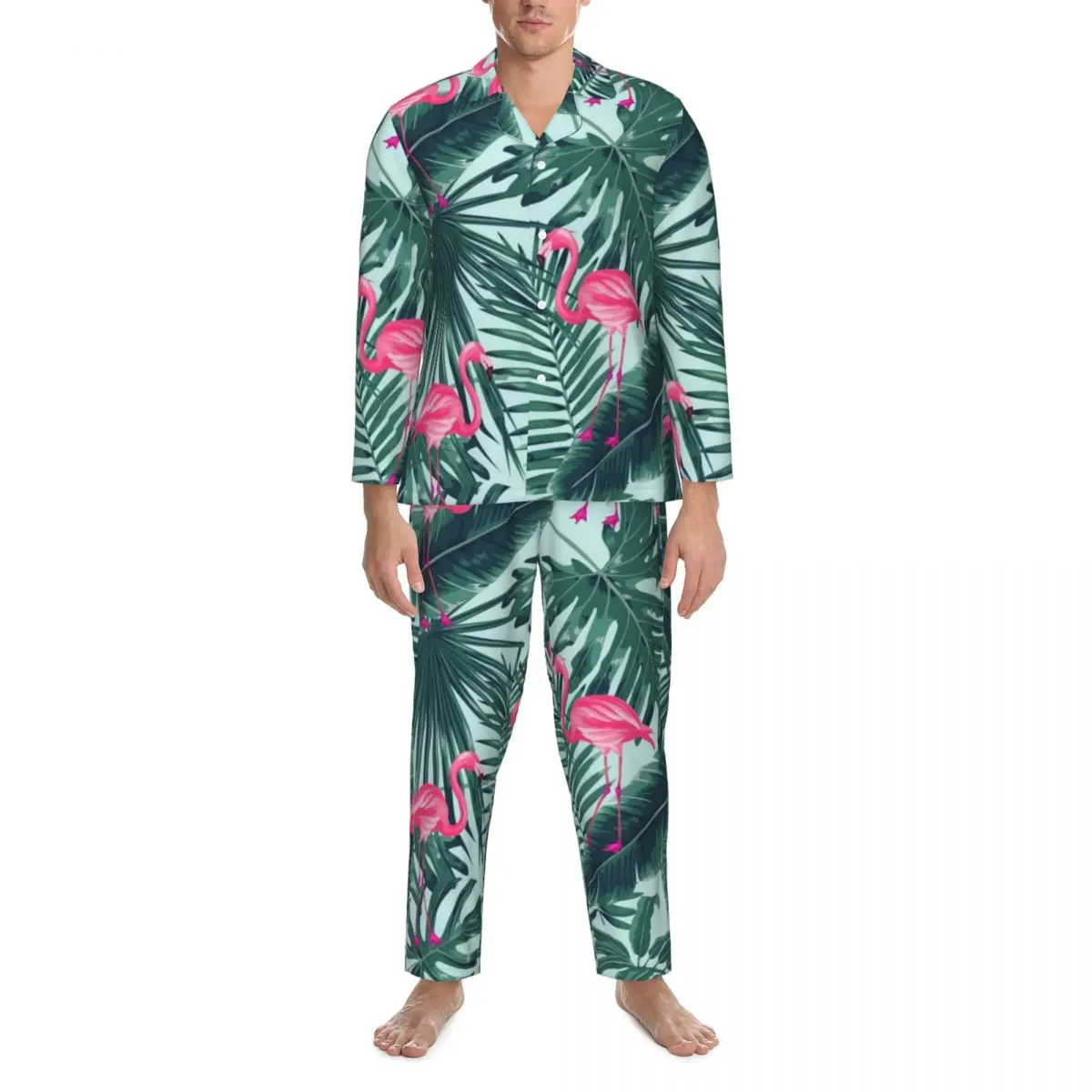 

Pajamas Mens Abstract Flamingo Sleep Sleepwear Tropic Palm Leaf Print 2 Piece Vintage Pajama Sets Cute Soft Oversized Home Suit