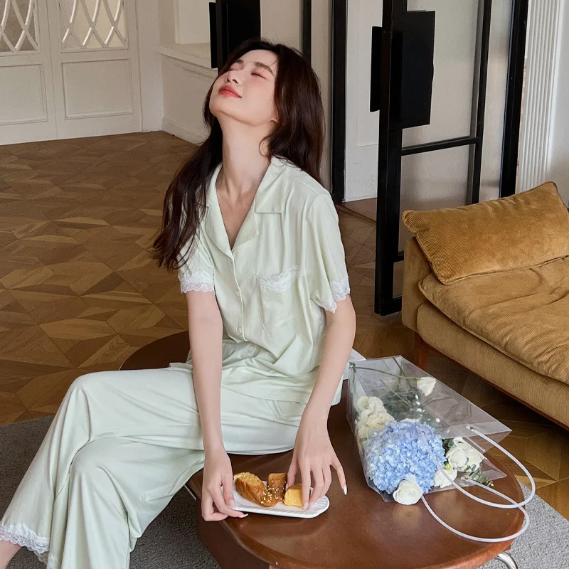 Pajamas Women's Summer Woven Cotton Short-sleeved Pants Suit Women's Cute Sweet Home Clothes Summer New
Pajamas Women's Summer Woven Cotton Short-sleeved Pants Suit Women's Cute Sweet Home Clothes Summer New