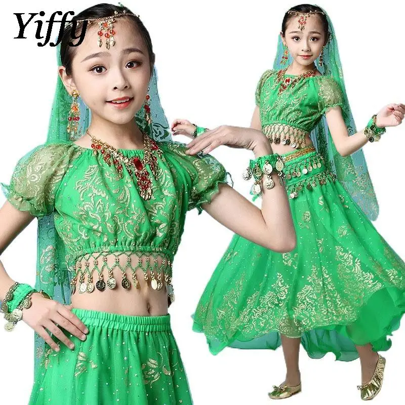 

Костюм для танца живота для девочек, модный костюм для восточных индийских танцев, топ, юбка и цепочка на талии, сценический комплект для выступлений