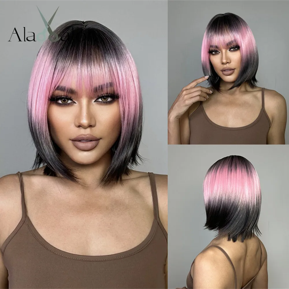 

ALAN EATON Ombre Pink Brown Bob Straight Wigs Short Colorful Synthetic Wig with Bang for Cosplay Party Women Heat Resistant Hair