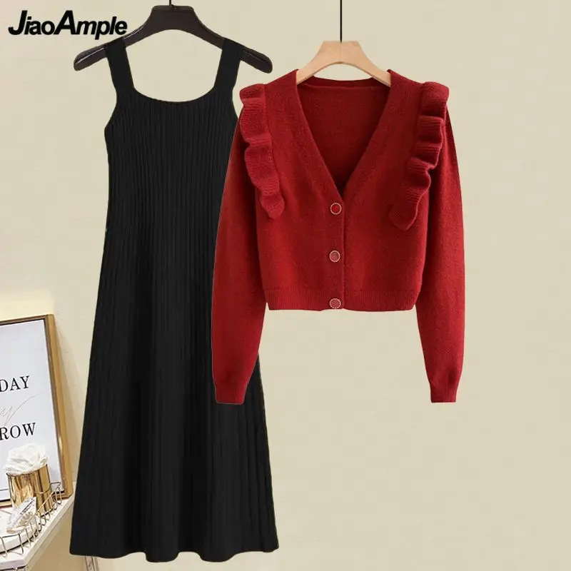 Women's Autumn Winter Graceful Ruffle Red Sweater Jacket Korean Lady Casual Knit Cardigan Tank Dress Set 2023 Knitwear Outfits
Women's Autumn Winter Graceful Ruffle Red Sweater Jacket Korean Lady Casual Knit Cardigan Tank Dress Set 2023 Knitwear Outfits