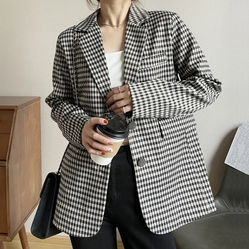 

Korean Loose Vintage Houndstooth Plaid Suit Jacket Spring Women Single-breasted Notched Collar Long Sleeve Female Blazers Coat