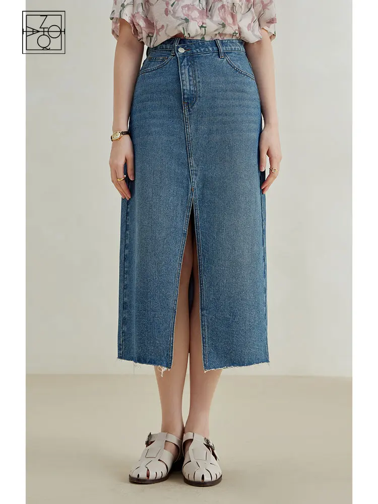 

ZIQIAO Chic Sense Hem Slit Denim Skirt for Women Mid-length Summer Newly High Waist Classic Thin A-line Pure Cotton Skirt Female
