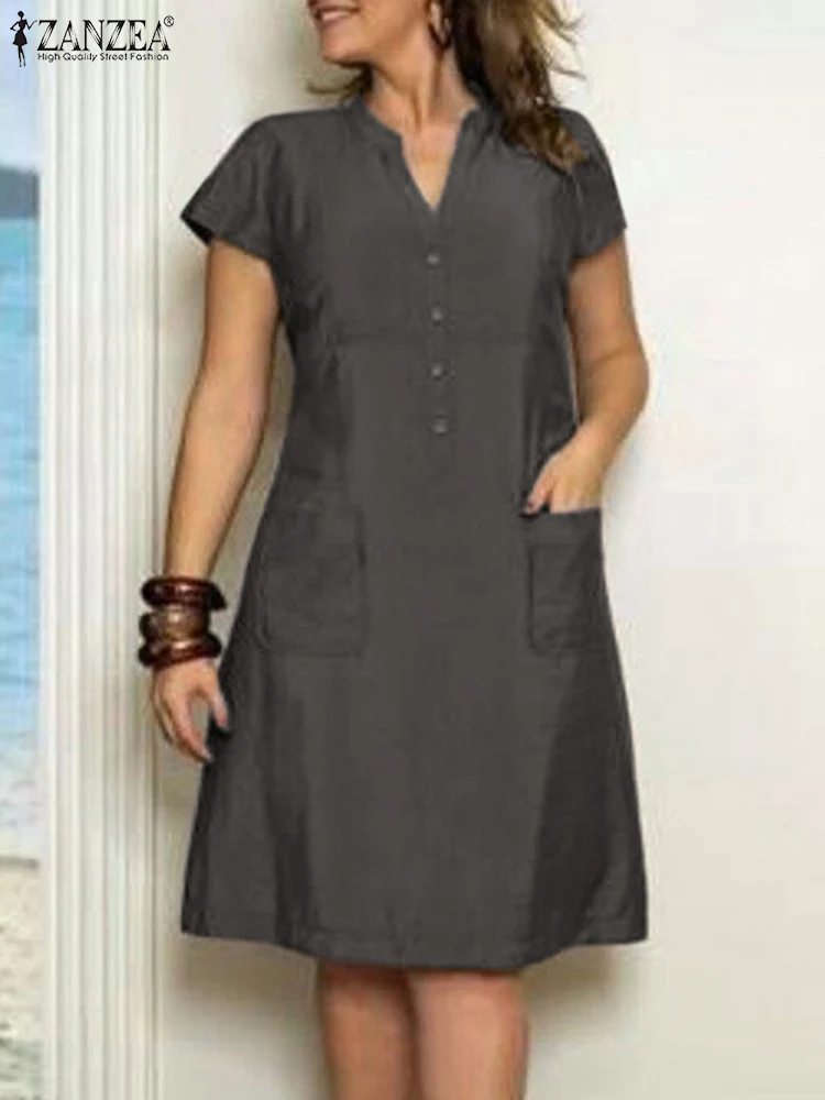 

2024 Summer Sundress Women Vintage V Neck Short Sleeve Work Dress ZANZEA Fashion Solid Casual Party Knee-length Vestido Kaftan