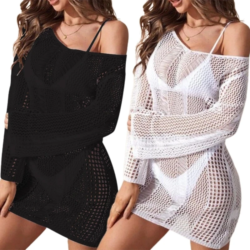 

Womens Crochet-Cover Up Kaftan-Swimwear V-Neck Long Sleeves Lace Loose Waisted Beachwear Cover Up