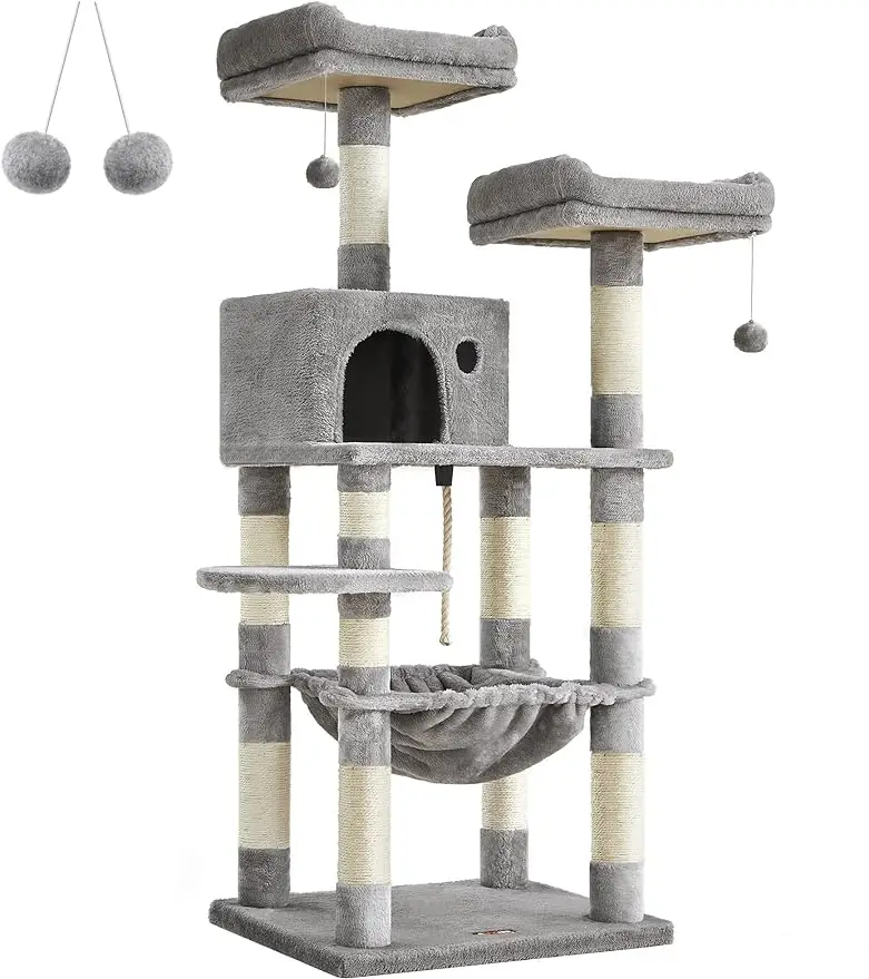 

FEANDREA Cat Tree, Cat Tower for Indoor Cats, 56.3-Inch Cat Condo with Scratching Posts, Hammock, Plush Perch, Light Gray UPCT15