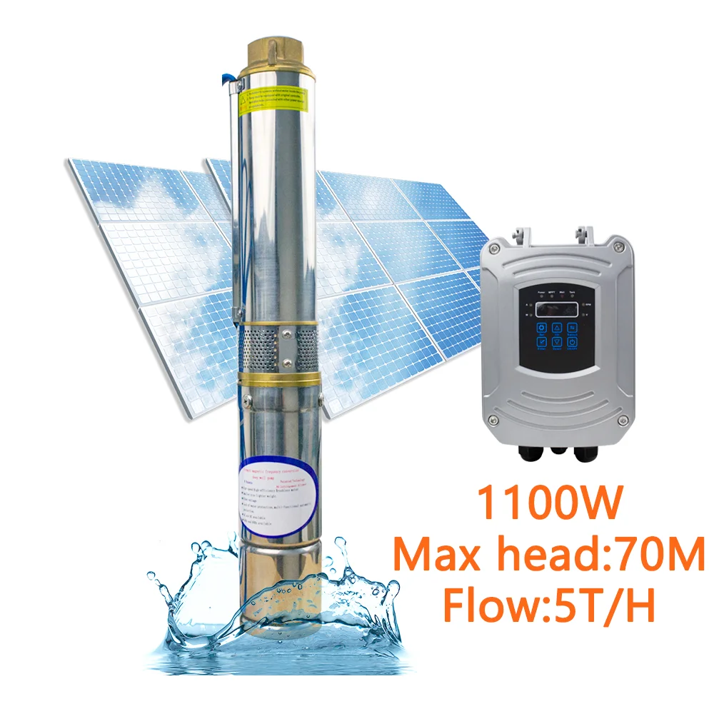 

Solar DC Water Pump 1100W 72V Brushless Deep Well Water Pump With Controller Max Head 70M Flow 5T/H Solar PV Submersible Pump