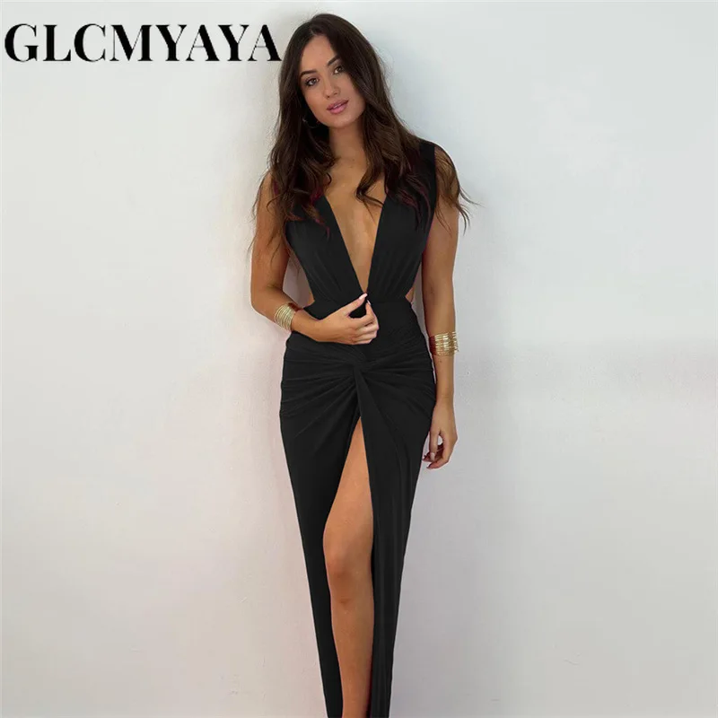 

GLCMYAYA Women Fashion V-Neck Backless Sleeveless Folds High Side Slit Slim Dress 2023 Streetwear Spliced Sexy Evening Dresses