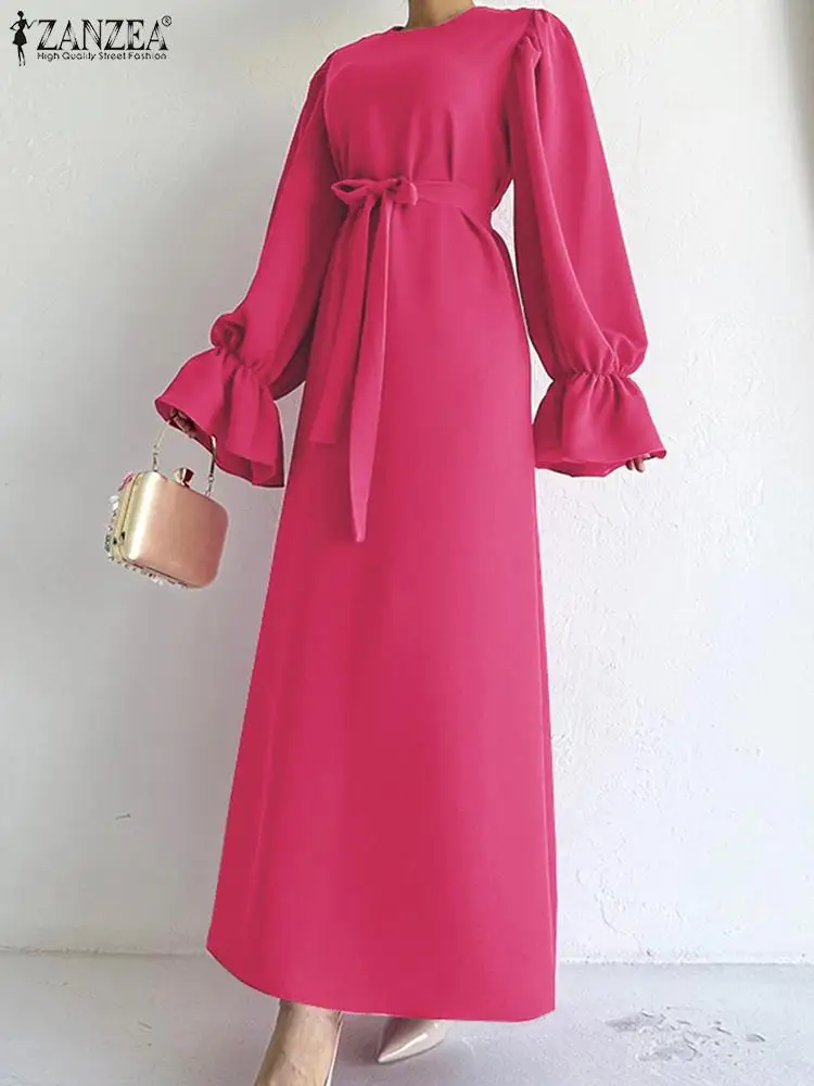 

Casual Round Neck Robe ZANZEA 2023 Autumn Maxi Long Dresses Fashion Long Sleeve Vestidos Women Vintage Belted Ruffled Cuff Dress