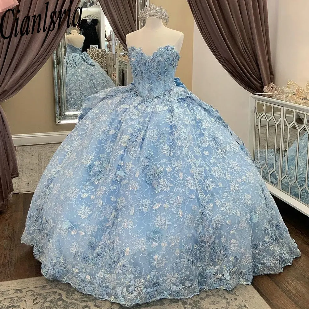 Sky Blue Glitter Sequined Crystal Ball Gown Quinceanera Dresses Sweetheart Appliques Lace Bow Corset Vestidos De 15 Años
Sky Blue Glitter Sequined Crystal Ball Gown Quinceanera Dresses Sweetheart Appliques Lace Bow Corset Vestidos De 15 Años