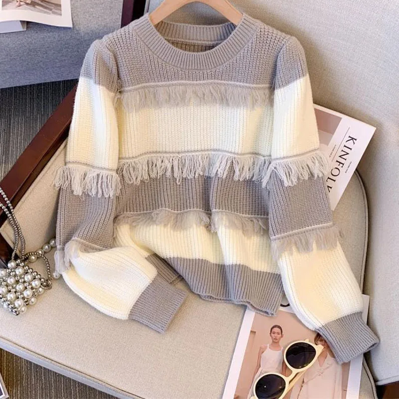 

New Autumn and Winter Fashion High Grade Feeling Lazy Tassel Stripe Thickened Knitted Round Neck Versatile Loose Women's Sweater