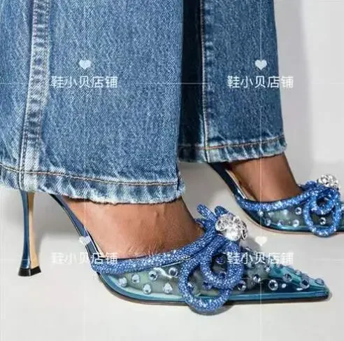 

transparent Metallic silver leather heel stud crystal-embellished clear PVC mules bow pointed toe Buckle ankle strap pumps shoes