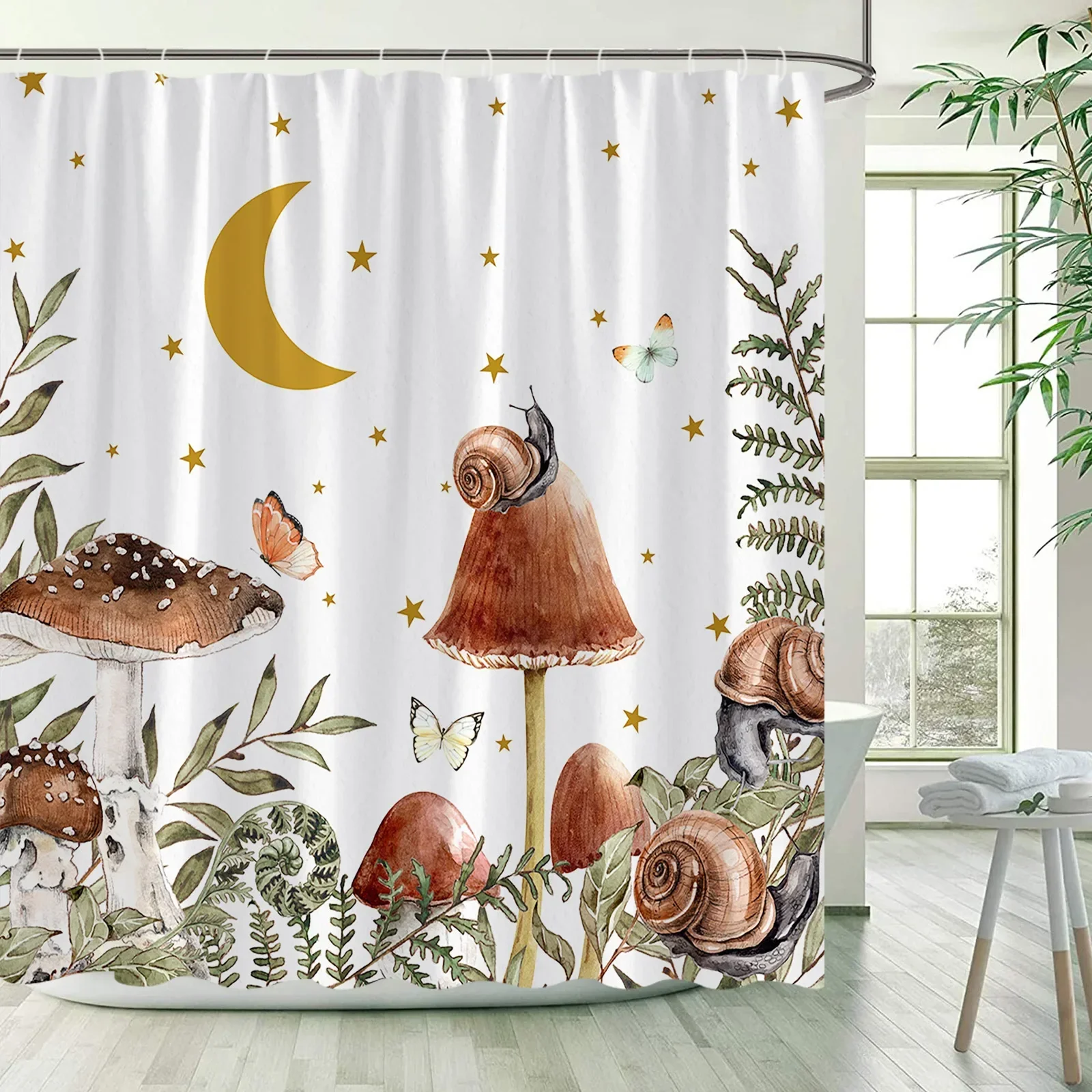 

Forest Mushroom Shower Curtain Moon Butterfly Watercolor Plant Leaves Snail Cartoon Children Bathroom Decor Curtains with Hooks