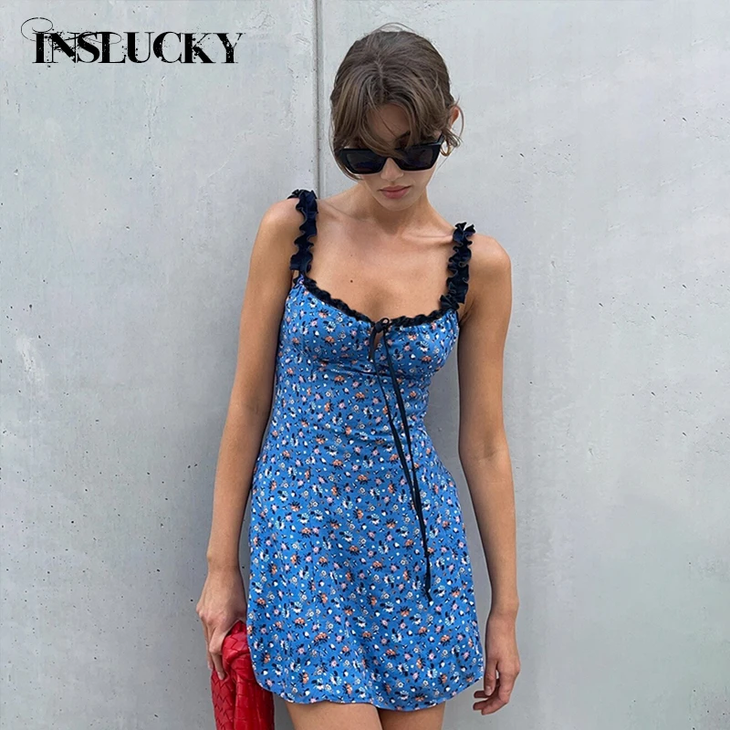 

InsLucky Luxury Floral Lace Folds Mini Dress Women Summer Travel Beach Chic Elegant Dresses Fashion Sexy Hollow Out A Line Dress