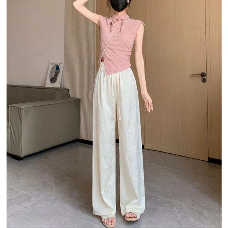 

New Women's Spring Autumn Chinese Style Satin Solid Color Jacquard Fashion High Waisted Appear Thin Casual Wide Leg Trousers