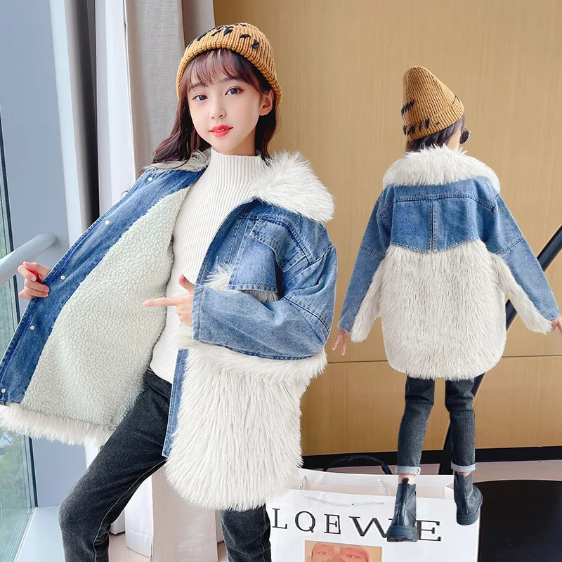 Teen Girls Outerwear Winter New Fashion Denim Patchwork Tops Children's Clothing Med-length Plush Parka Thick Warm Coat 4-12 Yrs
Teen Girls Outerwear Winter New Fashion Denim Patchwork Tops Children's Clothing Med-length Plush Parka Thick Warm Coat 4-12 Yrs