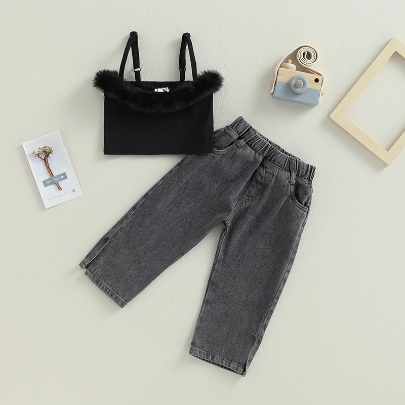 Kids Girls Pants Set Solid Color Sleeveless Furry Patchwork Camisole with Slit Jeans Summer Outfit for 6 Months to 5 Years
Kids Girls Pants Set Solid Color Sleeveless Furry Patchwork Camisole with Slit Jeans Summer Outfit for 6 Months to 5 Years
