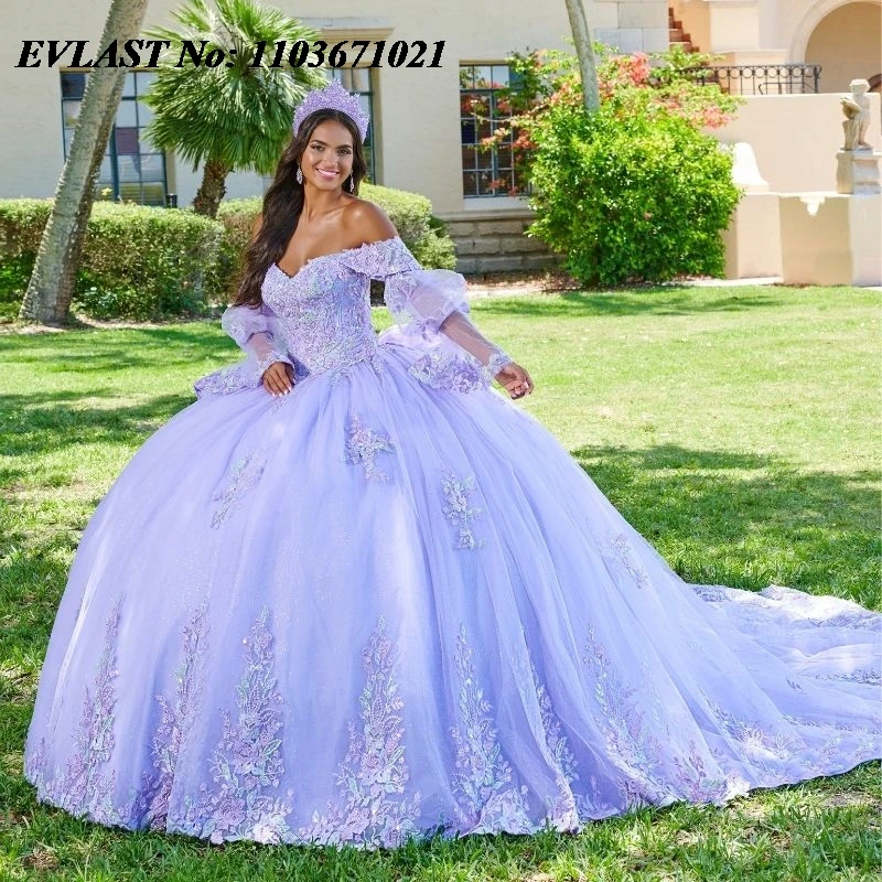 

EVLAST Mexican Lavender Quinceanera Dress Ball Gown Puffy Sleeve Lace Applique Beading Bow Sweet 16 Vestidos De XV 15 Anos SQ113